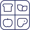 Icon with four quadrants: a slice of bread in the top left, two leaves in the top right, an apple in the bottom left, and a cut of meat in the bottom right.