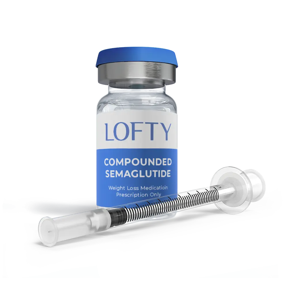 A vial labeled "Lofty Compounded Semaglutide" and a syringe placed in front of it, suggesting the medication is intended for weight loss and requires a prescription.