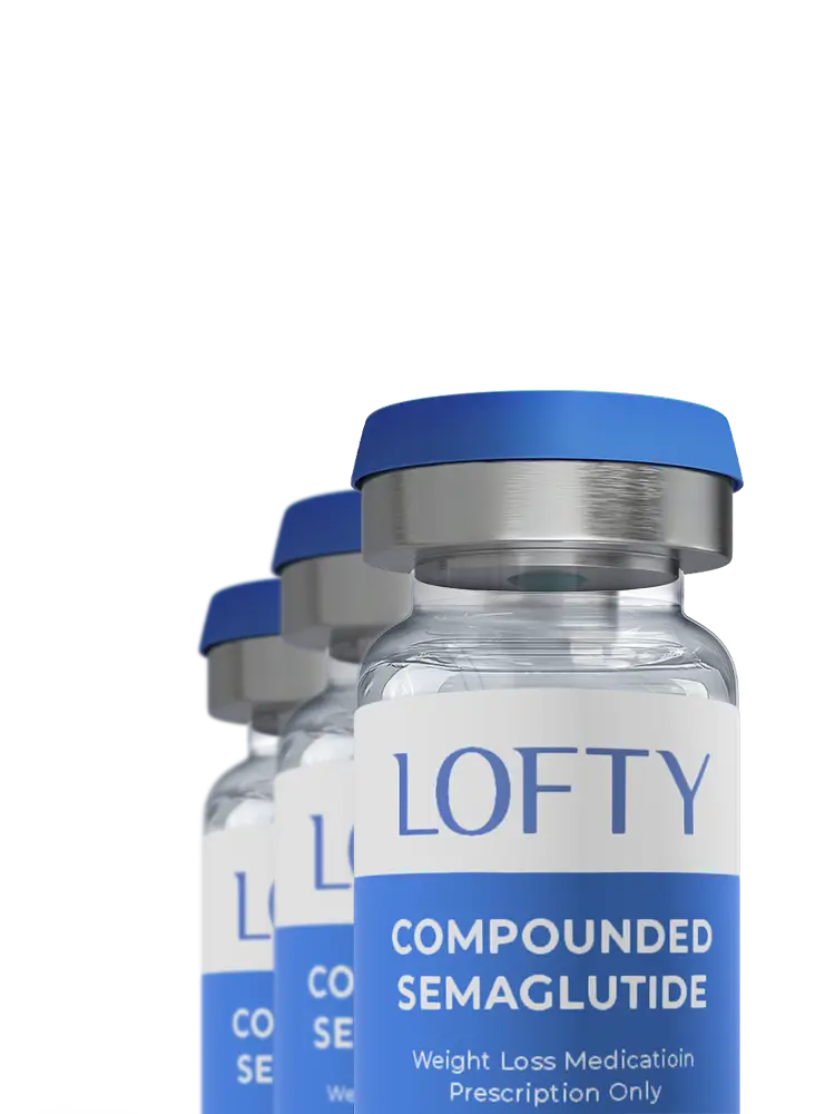 Three glass vials labeled "LOFTY COMPOUNDED SEMAGLUTIDE" with blue caps. The label indicates it is a weight loss medication, prescription only.