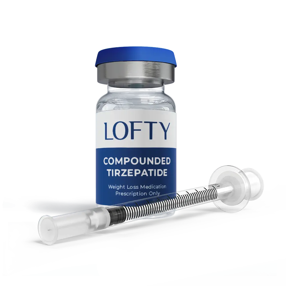 Vial labeled "LOFTY COMPOUNDED TIRZEPATIDE" and a syringe placed parallel beneath it. The vial indicates it's a weight loss medication for prescription use only.