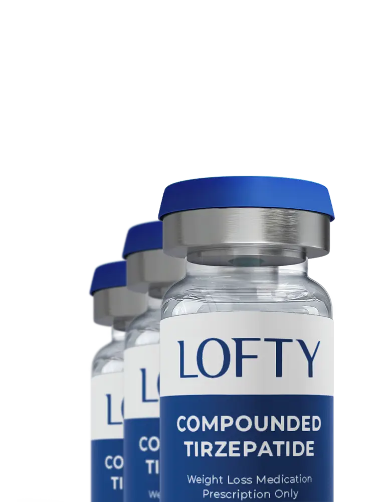 Three vials labeled "LOFTY Compounded Tirzepatide" with blue caps. The text indicates it's a weight loss medication available by prescription only. The vials are arranged in a staggered formation.