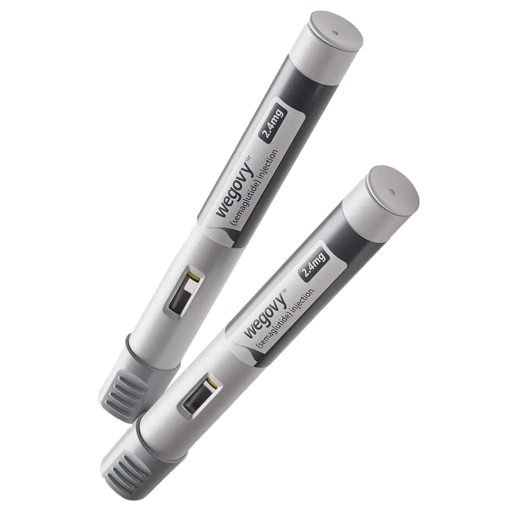 Two Wegovy injection pens, each labeled with a dosage of 2.4 mg, are shown against a neutral background.