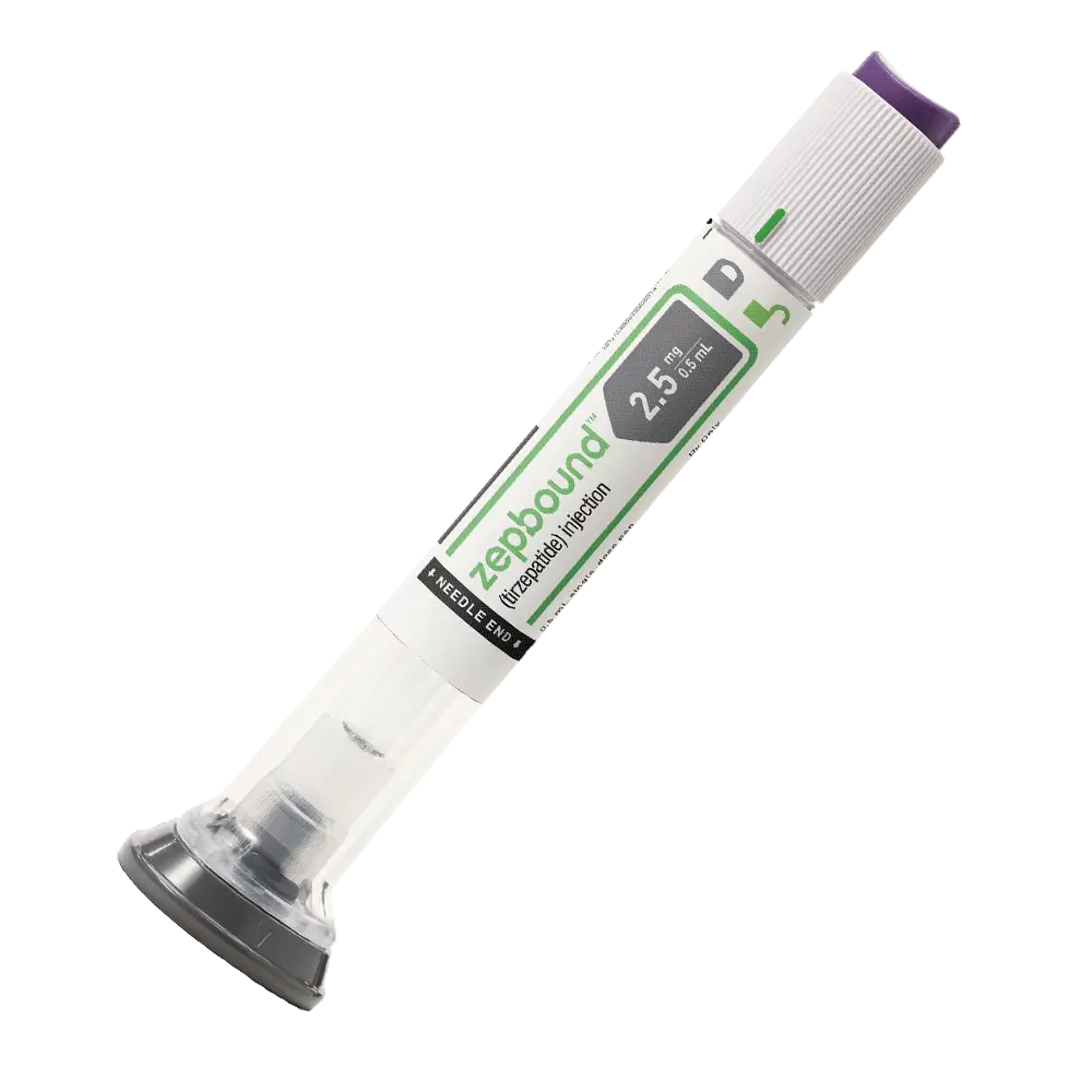 An angled view of a medical injector pen labeled "Zepbound" containing Bimagrumab 2.5 ml. The pen features a white body, clear cap, and a purple end cap, with dosage and product information visible on the side.