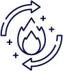 A stylized blue line drawing of a flame with two circular arrows surrounding it, pointing clockwise. Small star-like shapes are scattered around the flame. The illustration symbolizes energy or transformation.