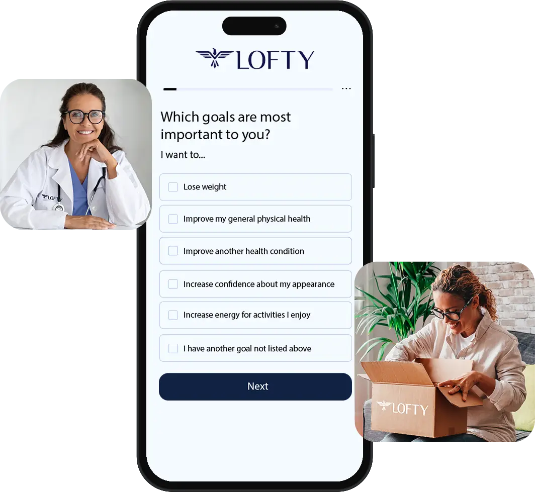 A smartphone screen displays a health goals survey with options like losing weight and improving physical health. Next to it, a female doctor smiles, and another woman happily looks inside a Lofty-branded box.