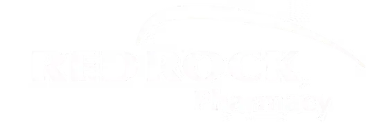 The image shows the logo of Red Rock Pharmacy. The text "RED ROCK" is in large, bold letters with a stylized curved line above it, and "Pharmacy" is written below in smaller letters. The logo is white against a black background.