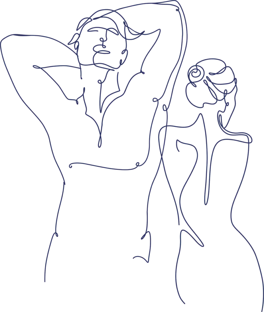 Abstract illustration of a male and female body for Lofty Care, resembling a stylized figure with flowing lines and shapes.