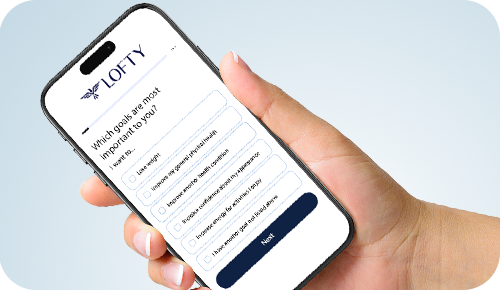 A hand holds a smartphone displaying a survey by Lofty. The screen shows a question about important goals with options like losing weight, improving physical health, and saving money, with a 'Next' button at the bottom.